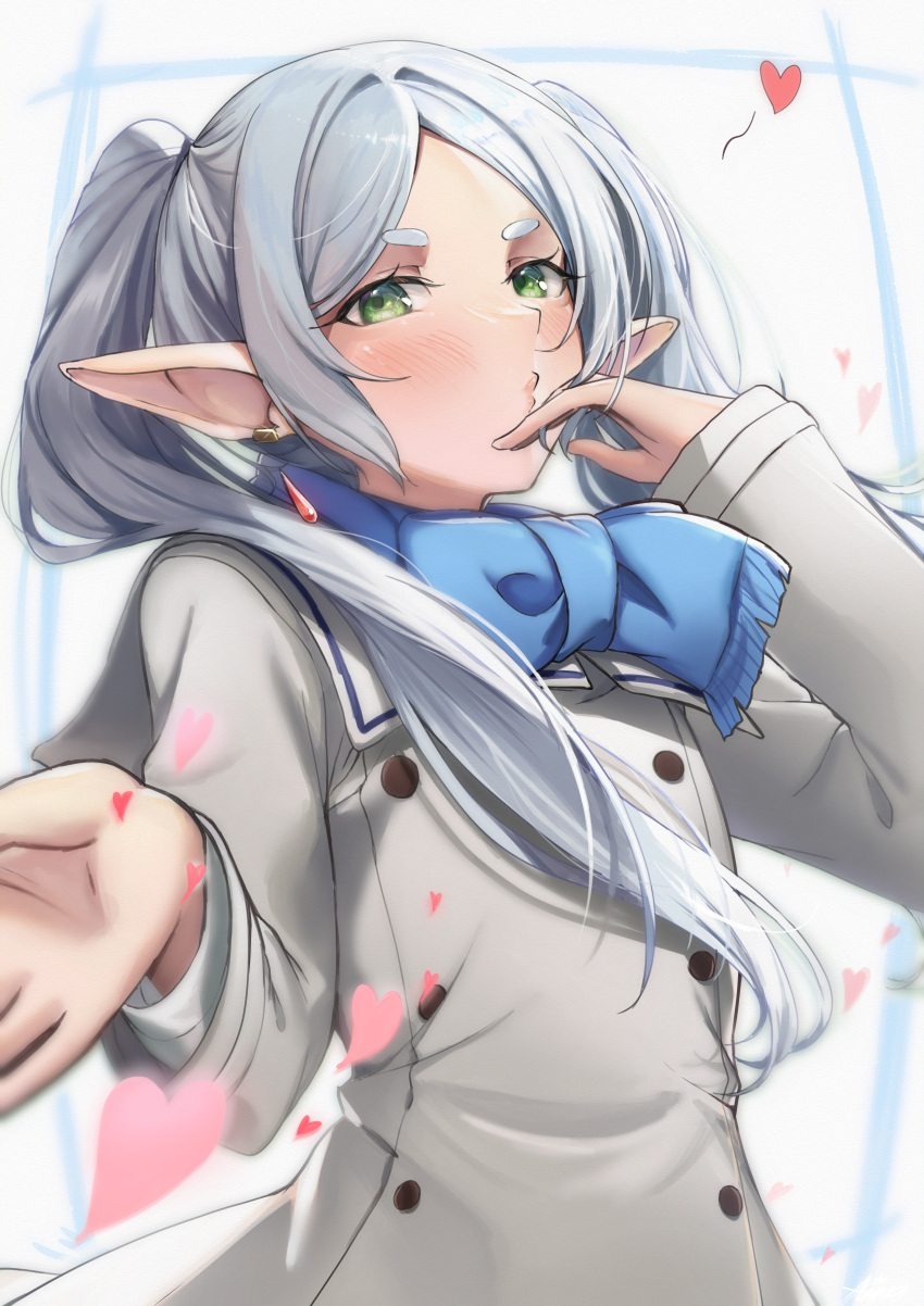 1girl, absurdres, blowing_kiss, blue_scarf, buttons, commentary, earrings, elf