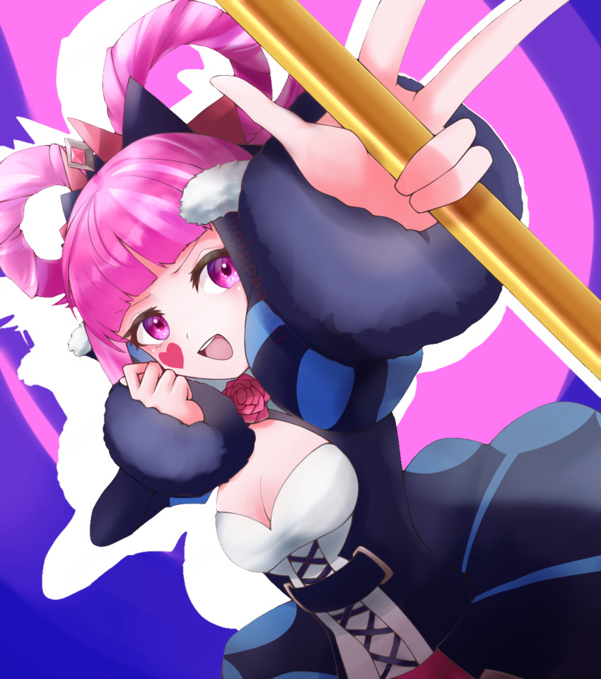 1girl, dress, facial_mark, fire_emblem, fire_emblem_engage, folded_twintails, fur_wrist_cuffs, hair_flaps