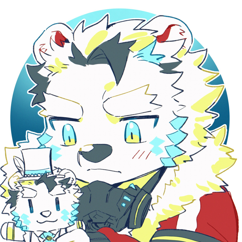 1boy, animal_ears, bear_boy, bear_ears, blush, chibi, closed_mouth, commentary, fur-trimmed_jacket, fur_trim, furry, furry_male, gas_mask, hagiography, hat, highres, holding, holding_stuffed_toy, jack_frost_(housamo), jacket, looking_at_object, male_focus, mask, multicolored_hair, stuffed_animal, stuffed_toy, tokyo_afterschool_summoners, top_hat, upper_body