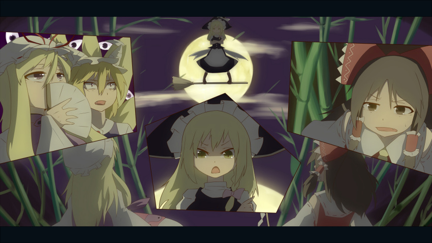 apron, bamboo, bamboo_forest, blonde_hair, bow, braid, broom, broom_surfing, broomsurfing, brown_eyes, brown_hair, constricted_pupils, covering, covering_face, covering_mouth, crossed_arms, detached_sleeves, fan, fang, fangs, folding_fan, forest, fox_tail, full_moon, hair_bow, hair_tubes, hakurei_reimu, hat, hat_ribbon, highres, imperishable_night, japanese_clothes, kirisame_marisa, letterboxed, long_hair, miko, moccoro, moon, multiple_girls, multiple_tails, nature, night, ribbon, short_hair, single_braid, tail, tenkomori_(bug_kura), touhou, waist_apron, witch, witch_hat, yakumo_ran, yakumo_yukari, yellow_eyes