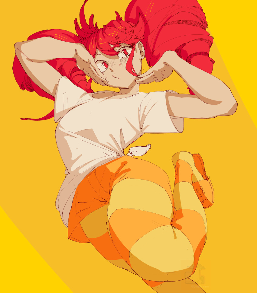 1girl, absurdres, birdbrain_(synthesizer_v), crocs, drill_hair, foot_out_of_frame, highres, joey_comma, kasane_teto, kasane_teto_(sv), leg_up, looking_at_viewer, pantyhose, red_eyes, red_hair, sandals, shadow, shirt, short_sleeves, shorts, solo, striped_clothes, striped_pantyhose, synthesizer_v, t-shirt, tied_shirt, twin_drills, twintails, white_shirt, yellow_background, yellow_pantyhose, yellow_sandals, yellow_shorts