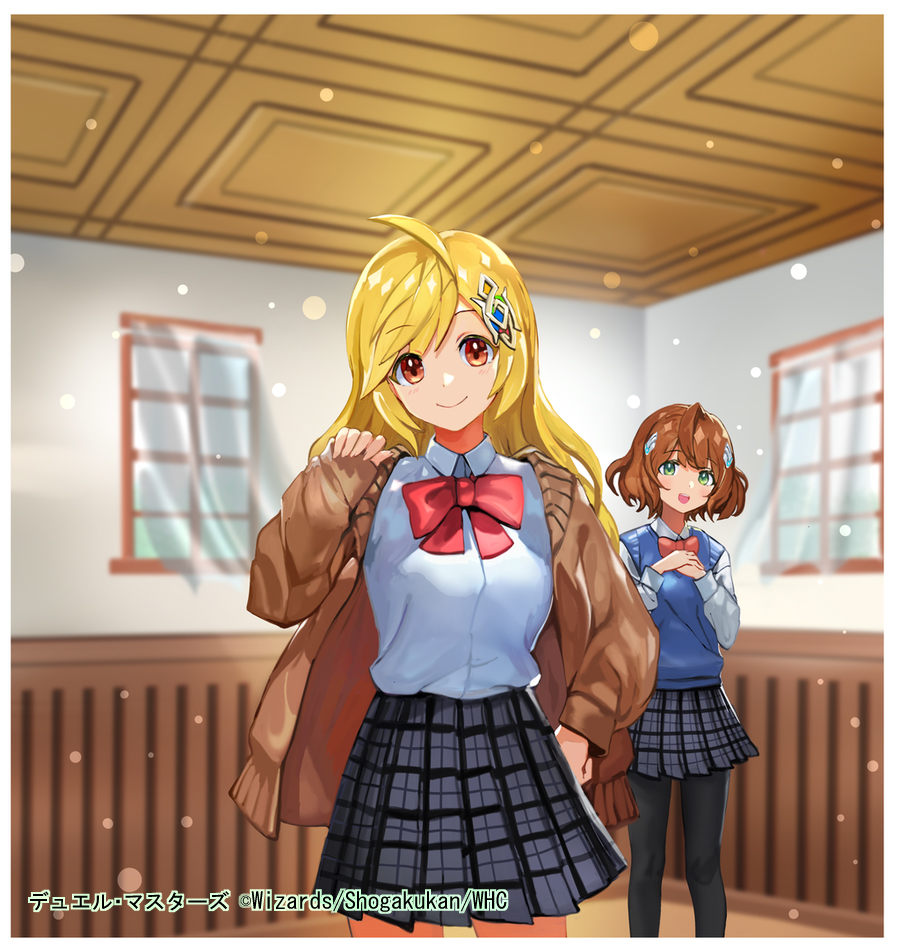 2girls, anno_akira, anno_syura, black_pantyhose, blonde_hair, border, bow, bowtie