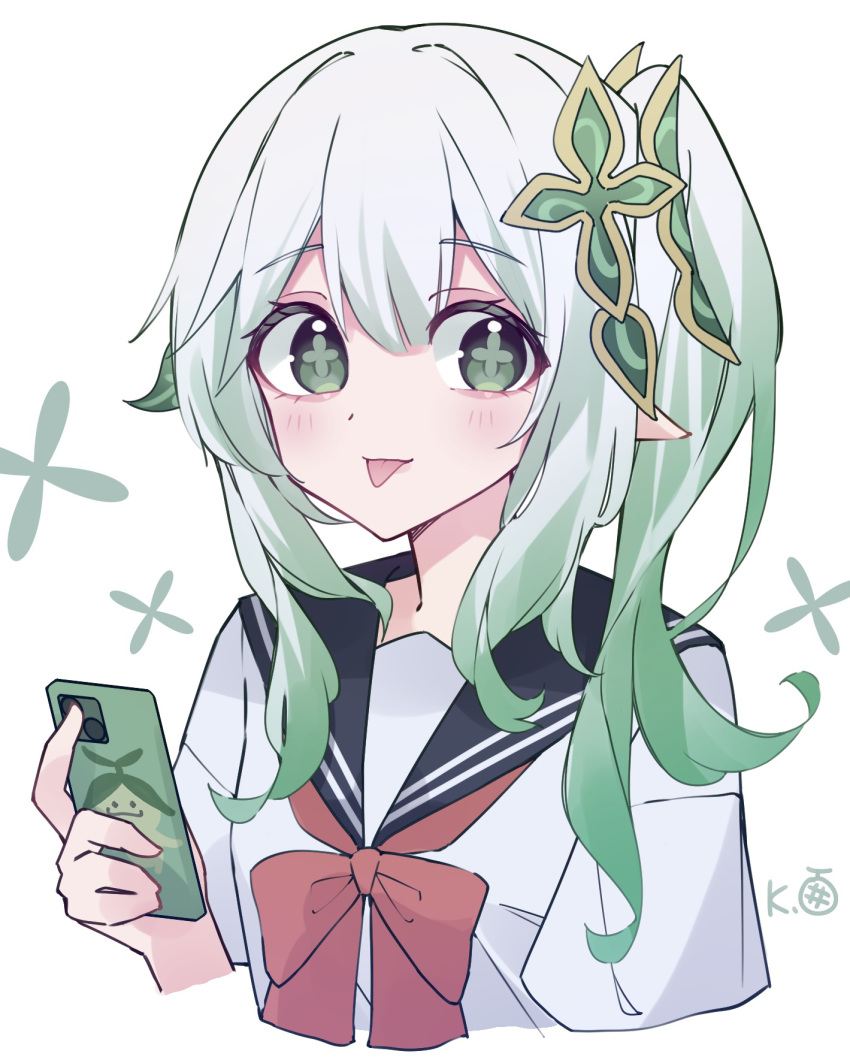 1girl, :p, alternate_costume, black_sailor_collar, bow, bowtie, cellphone, commentary, cross-shaped_pupils, genshin_impact, gradient_hair, green_hair, hair_between_eyes, highres, holding, holding_phone, melon_kohashi, multicolored_hair, nahida_(genshin_impact), phone, pointy_ears, red_bow, red_bowtie, sailor_collar, school_uniform, serafuku, shirt, short_sleeves, simple_background, smartphone, solo, symbol-shaped_pupils, tongue, tongue_out, upper_body, white_background, white_hair, white_shirt