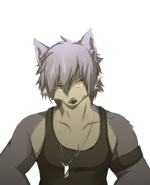 1boy, animal_ear_fluff, animal_ears, armband, biceps, black_tank_top, closed_mouth, collarbone, commentary_request, dog_boy, dog_ears, dog_nose, dog_tags, furry, furry_male, grey_fur, grey_hair, jewelry, kitaguni_paruma_(dosanco15), kouya_aotsuki, looking_to_the_side, looking_up, male_focus, morenatsu, necklace, pectoral_cleavage, pectorals, tank_top, yellow_eyes