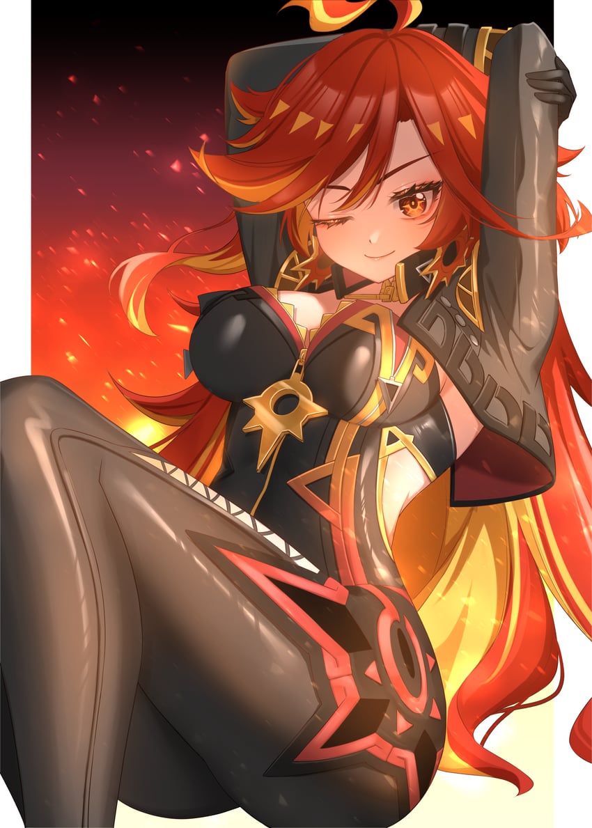 1girl, ahoge, arms_up, backless_bodysuit, biker_clothes, bikesuit, black_bodysuit, black_gloves