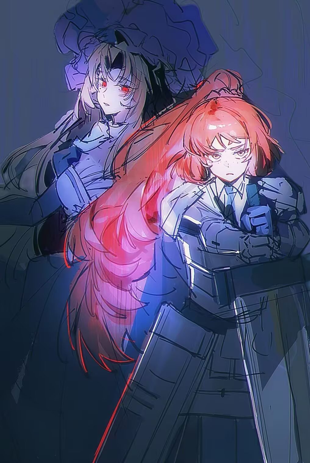 2girls, armor, blue_necktie, bonnet, brown_hair, closed_mouth, collared_shirt, dress