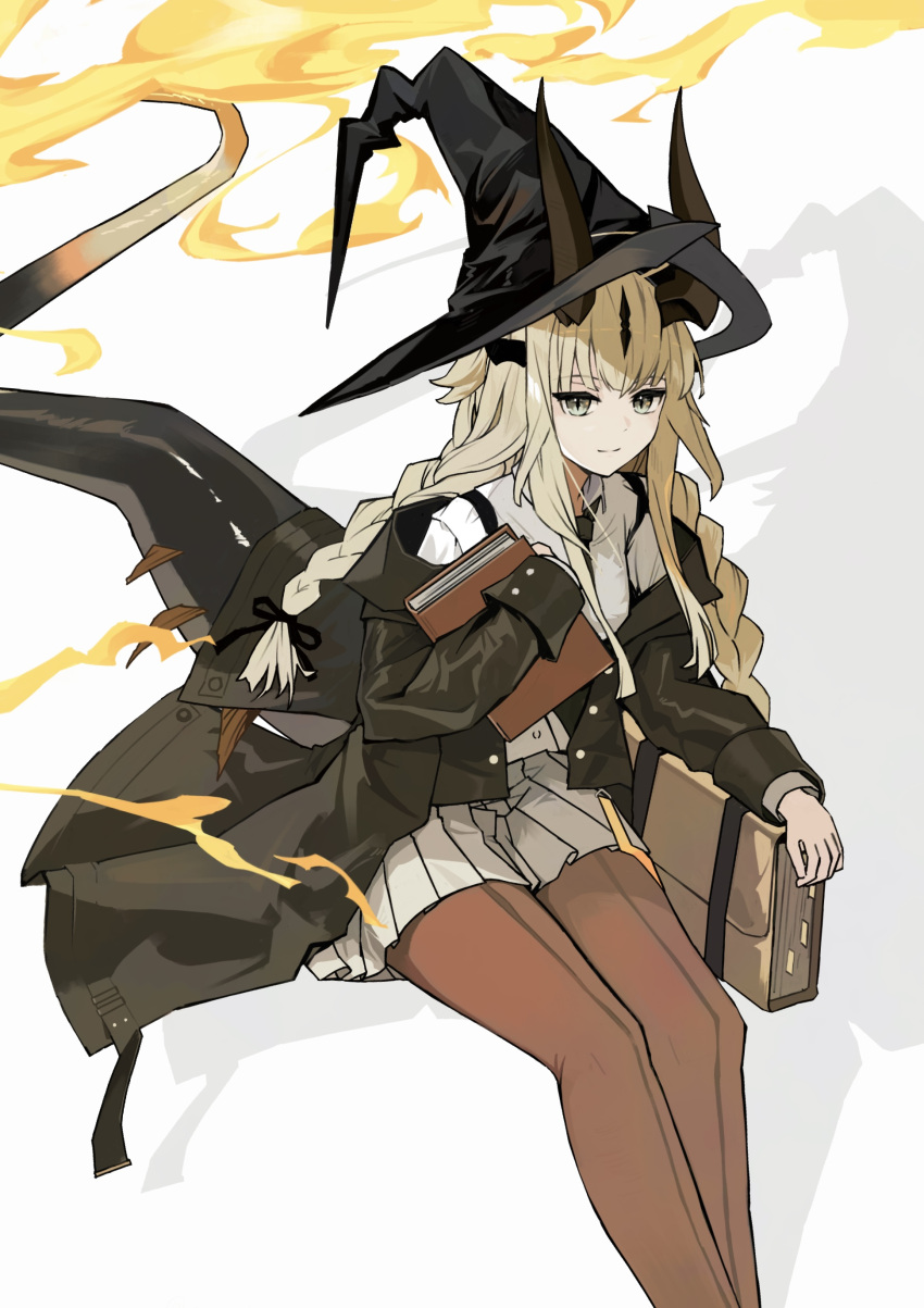 1girl, absurdres, arknights, black_coat, black_hat, black_horns, black_ribbon, blonde_hair, book, braid, brown_pantyhose, closed_mouth, coat, commentary, feet_out_of_frame, fire, front-seamed_legwear, grey_eyes, hair_ribbon, hat, highres, holding, holding_book, horns, light_smile, long_hair, long_sleeves, looking_at_viewer, off_shoulder, official_alternate_costume, open_clothes, open_coat, pantyhose, pleated_skirt, reed_(arknights), reed_the_flame_shadow_(arknights), reed_the_flame_shadow_(curator)_(arknights), revision, ribbon, seamed_legwear, shirt, sitting, skirt, solo, split_mouth, sun_showdmp, tail, white_background, white_shirt, white_skirt
