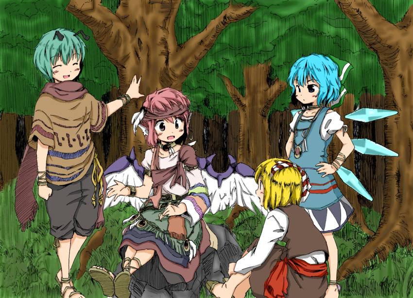 alternate_costume, antennae, bandana, bandanna, blonde_hair, cirno, colored, forest, ice, kage_hitsugi, mystia_lorelei, nature, rumia, scarf, sitting, team_9, touhou, wings, wriggle_nightbug, youkai, yudepii