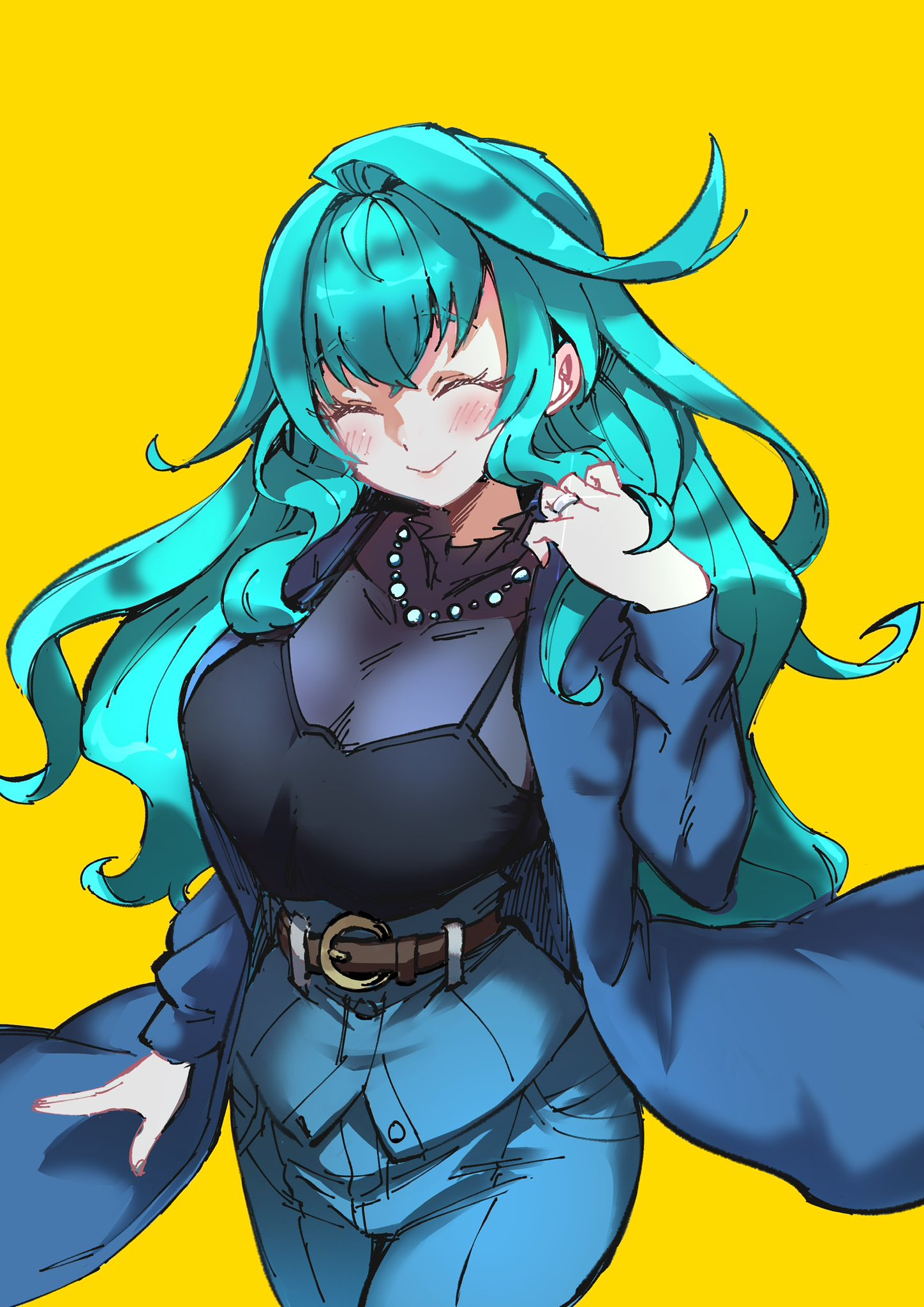1girl, ^_^, black_camisole, blue_coat, blue_hair, blue_pants, breasts, camisole
