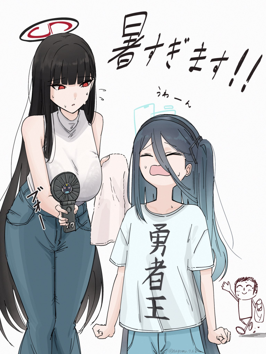 1boy, 2girls, alternate_costume, aris_(blue_archive), avant_garde_(blue_archive), bare_shoulders, black_hair, blue_archive, breasts, closed_eyes, commentary_request, crying, doodle_sensei_(blue_archive), flying_sweatdrops, hair_between_eyes, halo, highres, large_breasts, long_hair, multiple_girls, nagomu_7_56, open_mouth, red_eyes, rio_(blue_archive), sensei_(blue_archive), sweatdrop, translation_request