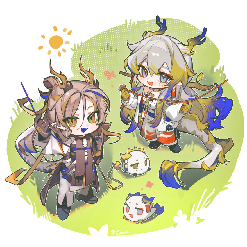 1boy, 1girl, :d, antlers, arknights, arm_up, blonde_hair, blue_eyes