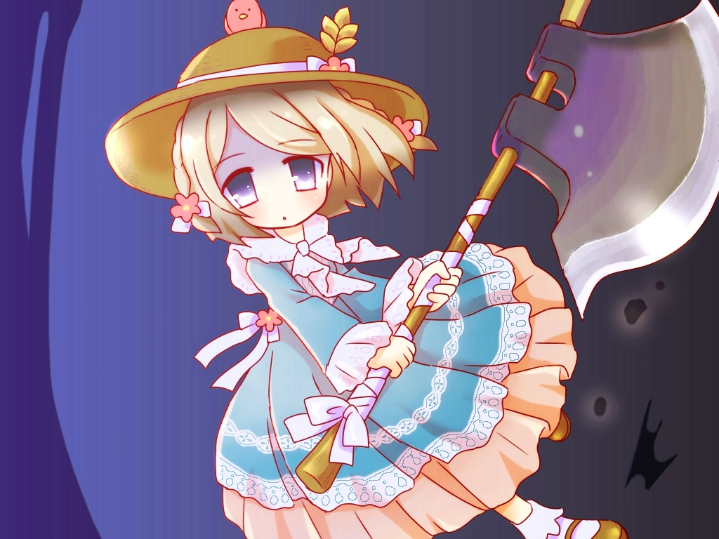 1girl, axe, blue_dress, capelet, dress, emil_chronicle_online, flat_chest, flower
