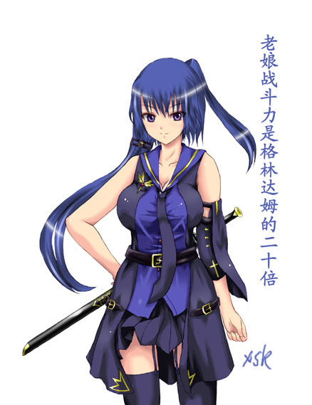 ac_xsk, blue_dam, blue_hair, breasts, brooch, chinese, detached_sleeves, garter_straps, hair_ornament, jewelry, large_breasts, long_hair, necktie, os, personification, purple_eyes, simple_background, solo, sword, thigh-highs, thighhighs, tri_tails, violet_eyes, weapon