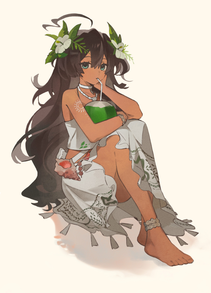 1girl, absurdres, ahoge, arm_tattoo, bare_arms, bare_legs, bare_shoulders, barefoot
