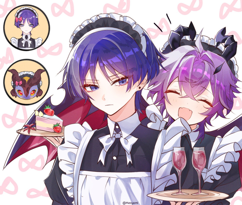 2boys, ahoge, alcohol, alternate_costume, apron, black_dress, blue_eyes, blue_hair