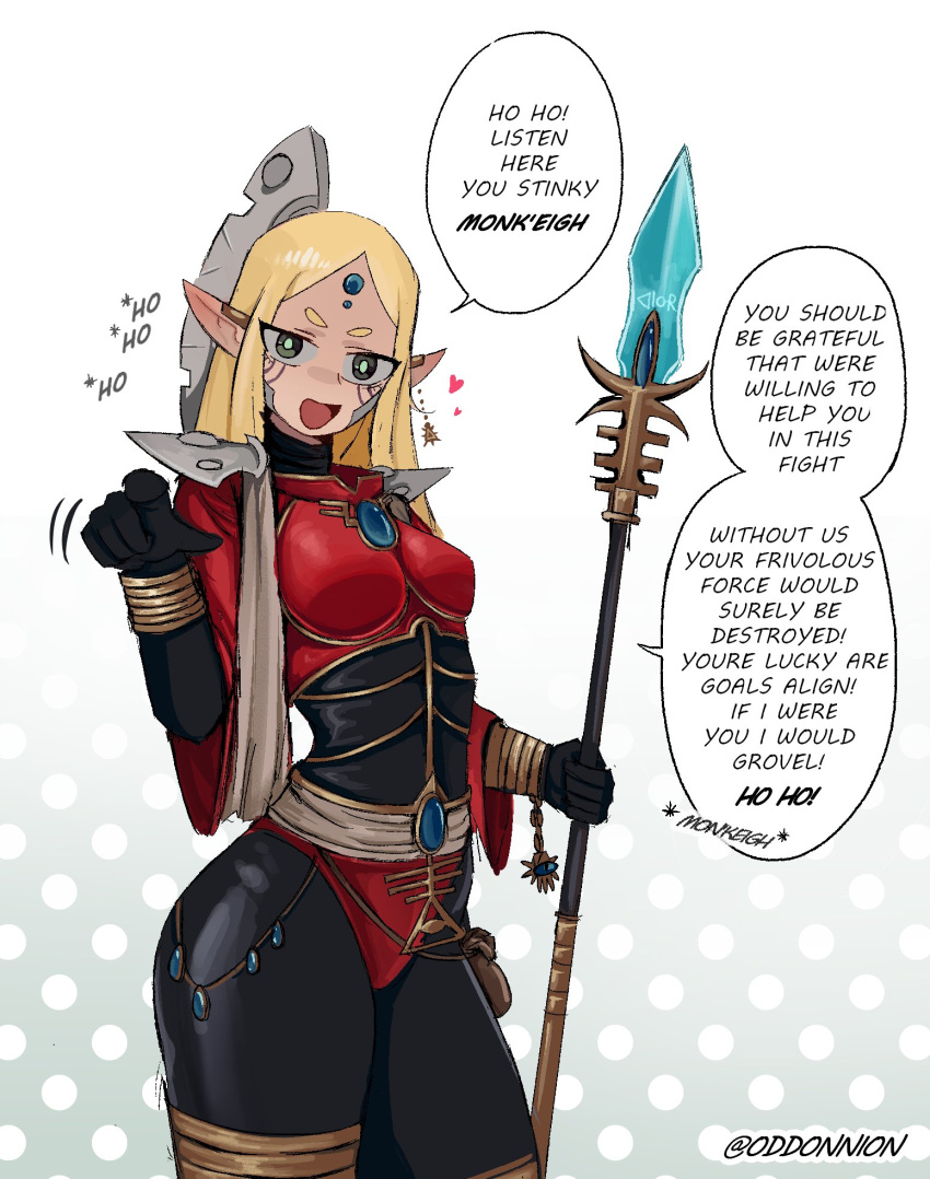1girl, artist_name, blonde_hair, elbow_gloves, eldar, english_text, facial_mark, farseer