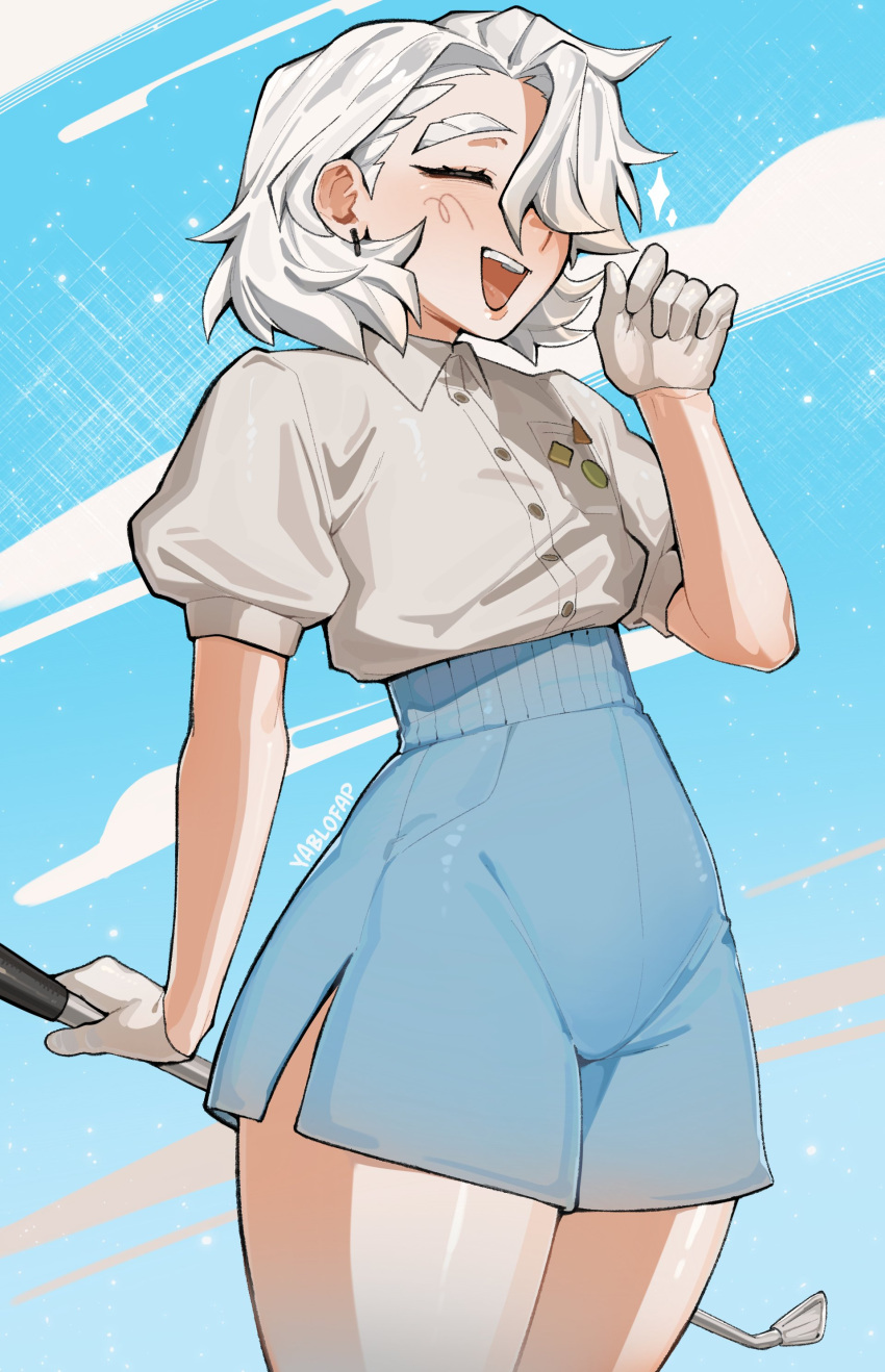 1girl, absurdres, alohapz, arm_up, artist_name, blue_shorts, blue_sky, buttons