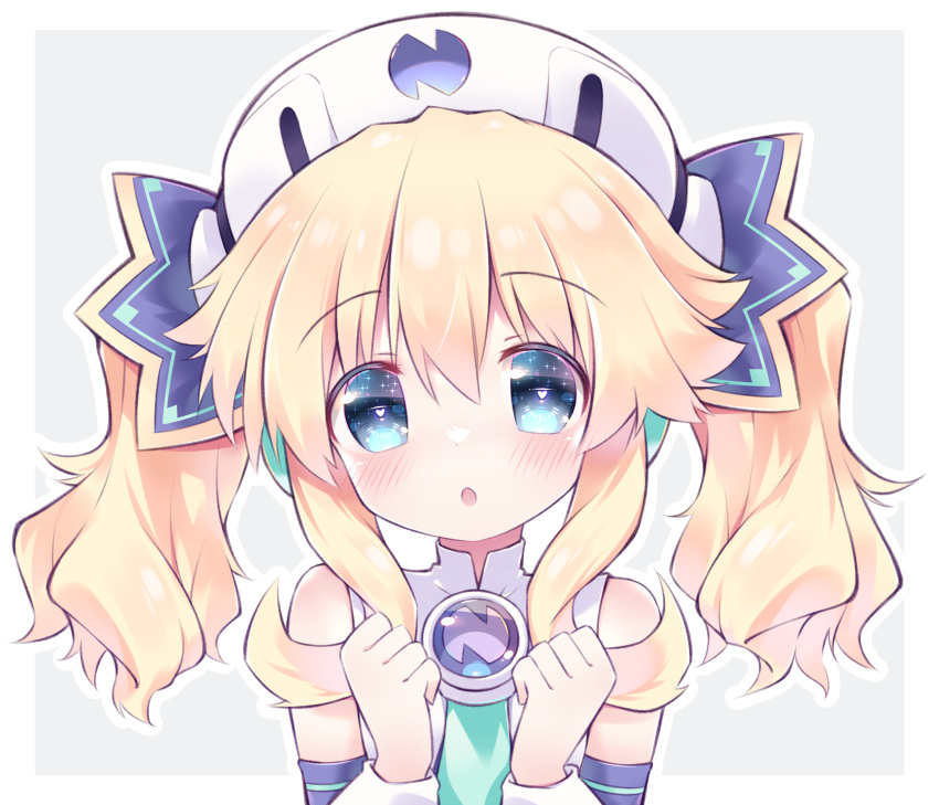 1girl, :o, bare_shoulders, beret, blonde_hair, blue_eyes, blue_necktie, blue_sleeves, bright_pupils, choujigen_game_neptune, commentary_request, detached_sleeves, flat_chest, hair_ornament, hands_up, hat, heart, heart-shaped_pupils, highres, histoire, long_hair, looking_at_viewer, necktie, neptune_(series), open_mouth, portrait, shirt, sidelocks, sleeveless, sleeveless_shirt, solo, symbol-shaped_pupils, tinzing_saamzong, twintails, white_hat, white_pupils, white_shirt