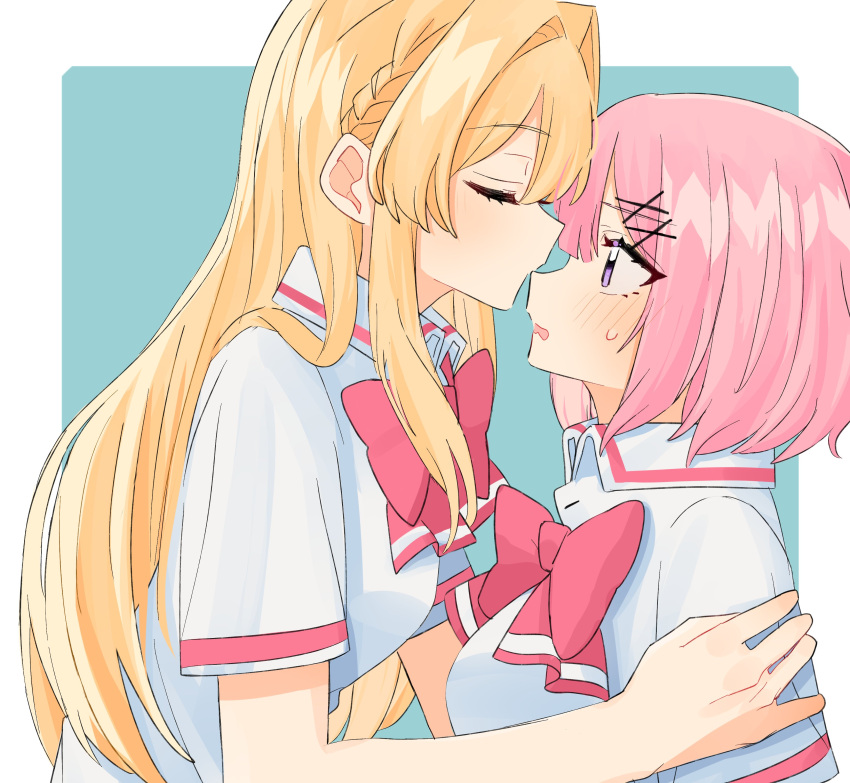 2girls, absurdres, amaori_renako, blonde_hair, blue_background, blush, bow, bowtie