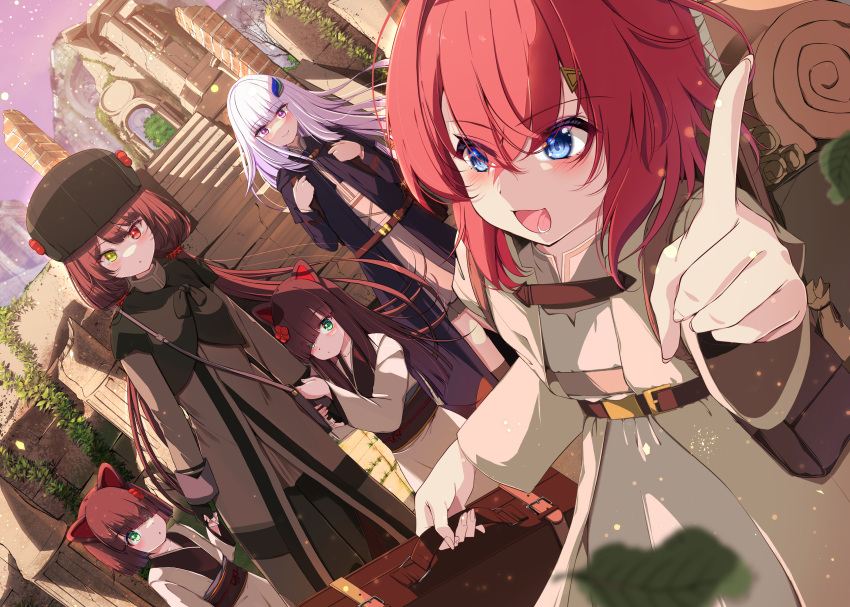 5girls, :d, absurdres, ange_katrina, animal_ears, backpack, bag, ban_(page_of_lambda)