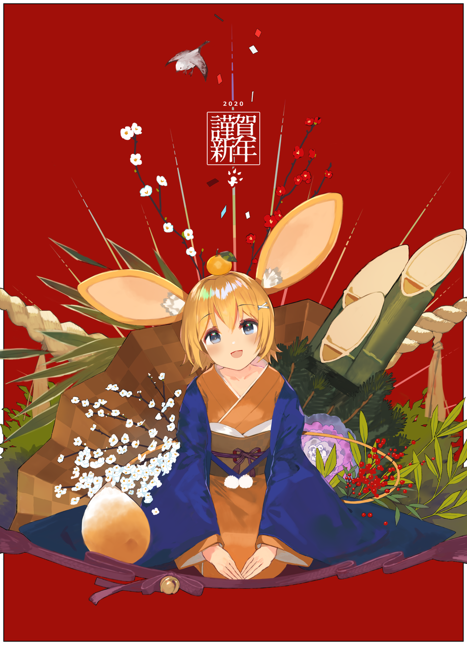 1girl, 2020, animal_ears, bamboo, black_eyes, emil_chronicle_online, food, food_on_head