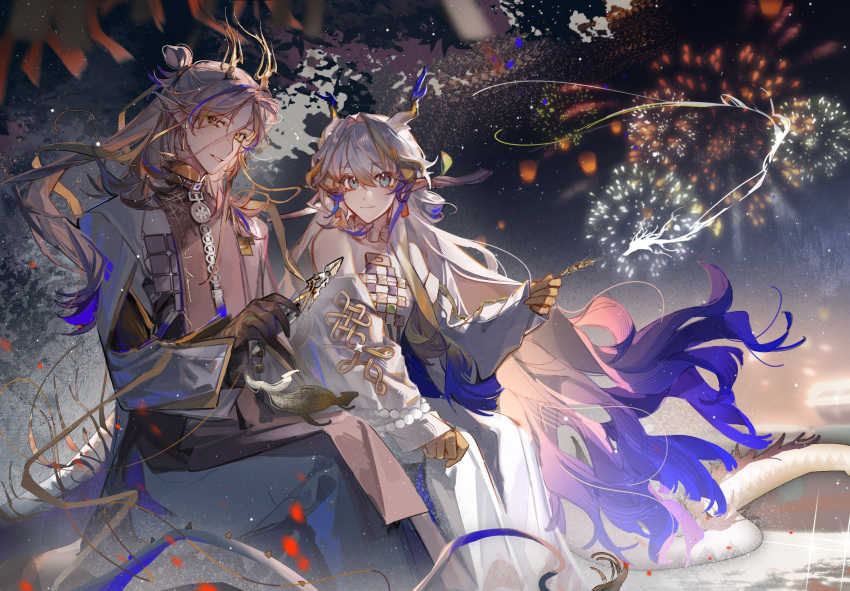 1boy, 1girl, antlers, aqua_eyes, arknights, bare_shoulders, beads, blonde_hair