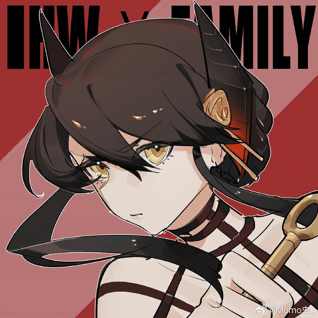 1girl, arknights, black_dress, black_hair, chinese_commentary, closed_mouth, cogimo, commentary_request, cosplay, dagger, dress, english_text, holding, holding_dagger, holding_knife, holding_weapon, horns, ines_(arknights), knife, looking_at_viewer, spy_x_family, upper_body, watermark, weapon, weibo_username, weibo_watermark, yor_briar, yor_briar_(cosplay)