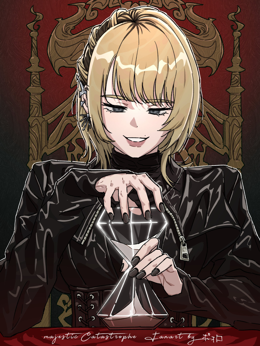 1girl, absurdres, black_corset, black_dress, black_eyes, black_nails, blonde_hair, commentary_request