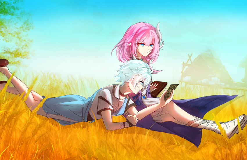 1boy, 1girl, absurdres, ahoge, blue_eyes, blue_sky, book, card