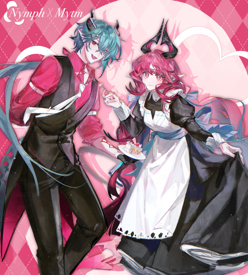1boy, 1girl, :d, absurdres, apron, aqua_hair, argyle_background, arknights, arm_behind_back, black_dress, black_eyes, black_horns, black_pants, black_vest, bright_pupils, buttons, cake, cake_slice, character_name, chinese_commentary, closed_mouth, collared_shirt, commentary_request, cream, diamond-shaped_pupils, diamond_(shape), dress, fang, feet_out_of_frame, fingernails, food, fruit, heart, highres, holding, holding_plate, horns, juliet_sleeves, light_particles, long_dress, long_hair, long_sleeves, maid_apron, mitm_(arknights), mole, mole_under_mouth, nail_polish, necktie, nymph_(arknights), open_mouth, pants, pink_background, pink_eyes, pink_hair, pink_nails, pink_shirt, plate, pointy_ears, puffy_sleeves, shirt, skin_fang, skirt_hold, sleeve_garter, sleeves_rolled_up, smile, standing, strawberry, symbol-shaped_pupils, tie_clip, tongxi65938_(mo_zuoren), vest, waistcoat, white_apron, white_necktie, white_pupils