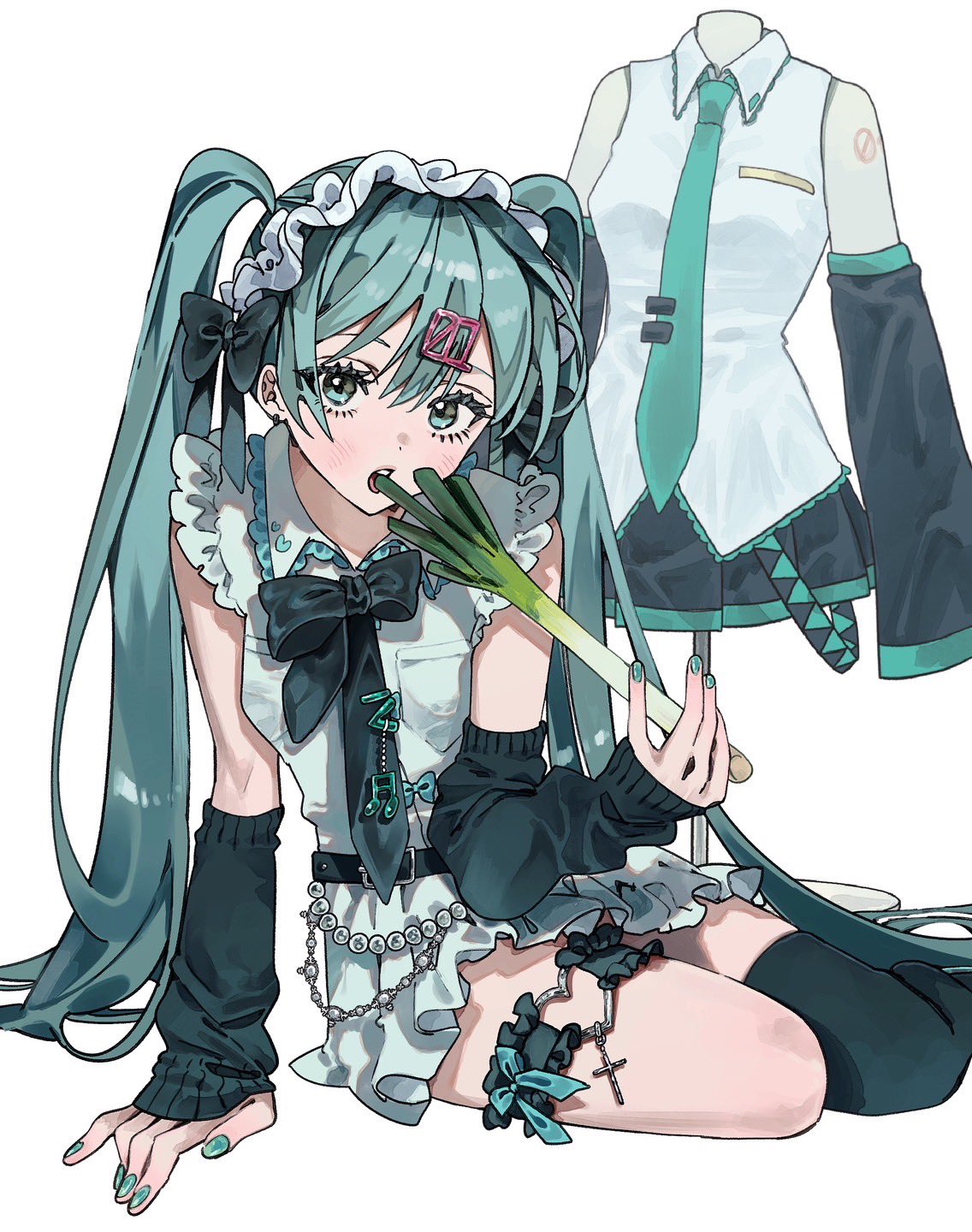 1girl, aqua_eyes, aqua_hair, aqua_nails, aqua_necktie, arm_support, arm_warmers, black_arm_warmers