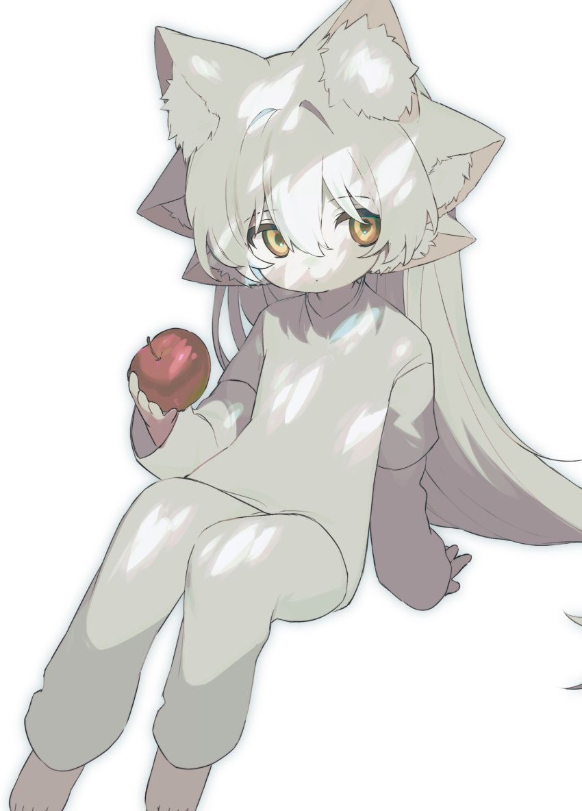 1girl, animal_ear_fluff, apple, arm_support, dappled_sunlight, dodonpa_tuyoi, food, fruit