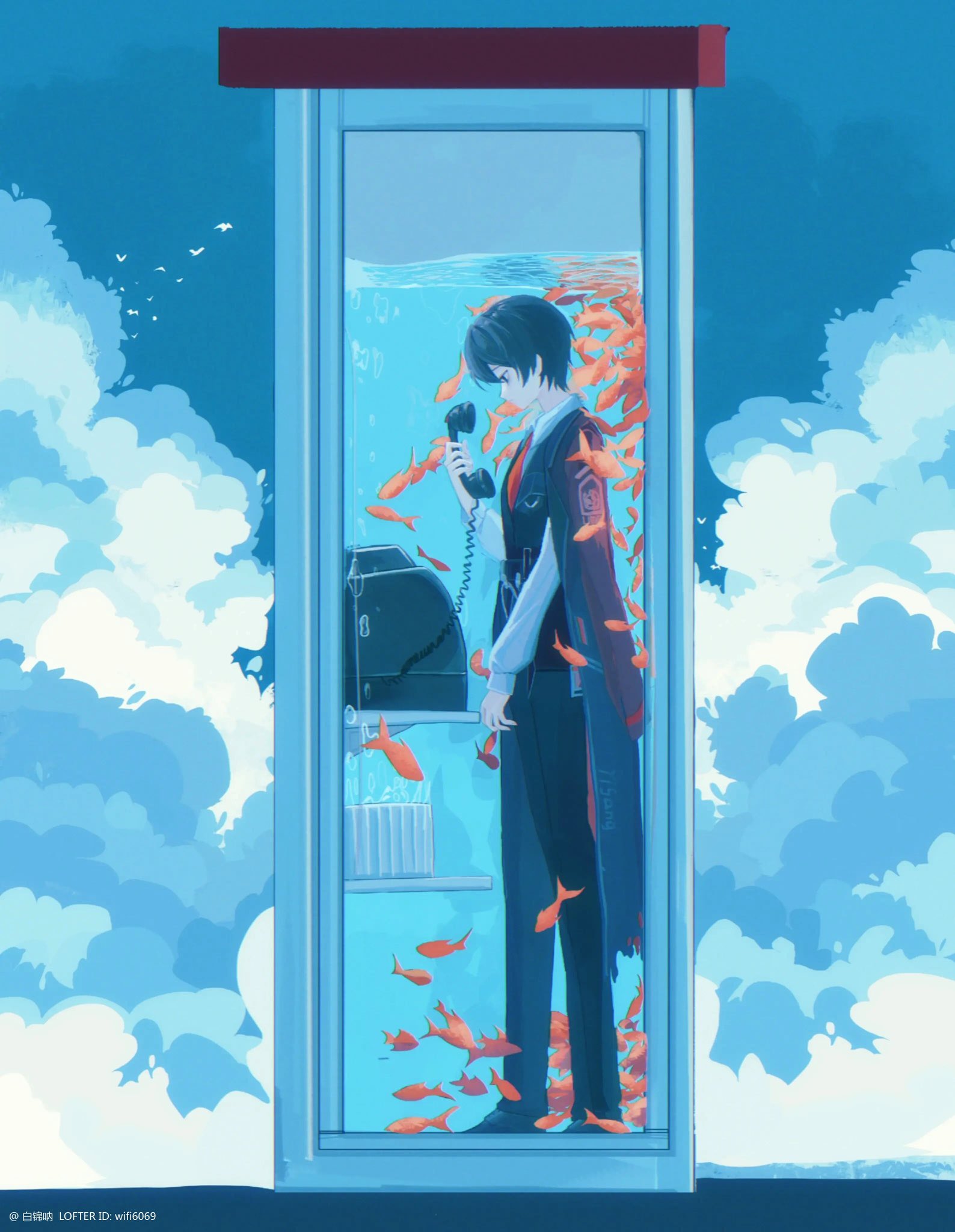 1boy, bird, black_eyes, black_hair, black_jacket, blue_sky, clouds, cloudy_sky, collared_shirt, fish, from_side, full_body, goldfish, hand_up, highres, holding, holding_phone, jacket, jacket_on_shoulders, lcb_uniform_(project_moon), limbus_company, looking_at_object, moqilengquan, necktie, phone, phone_booth, project_moon, red_necktie, shirt, short_hair, sky, solo, underwater, white_shirt, yi_sang_(project_moon)