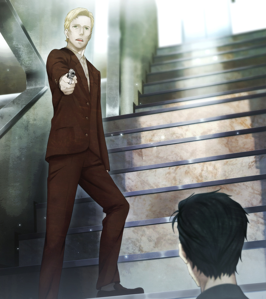 2boys, aiming_at_another, alexis_leskinen, at_gunpoint, betrayal, black_hair, blonde_hair, from_behind