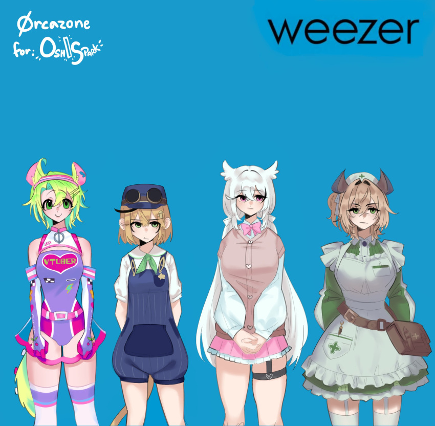 0rcazone, 4girls, animal_ears, arms_behind_back, ashton_marten_(vtuber), bag, blonde_hair, blue_background
