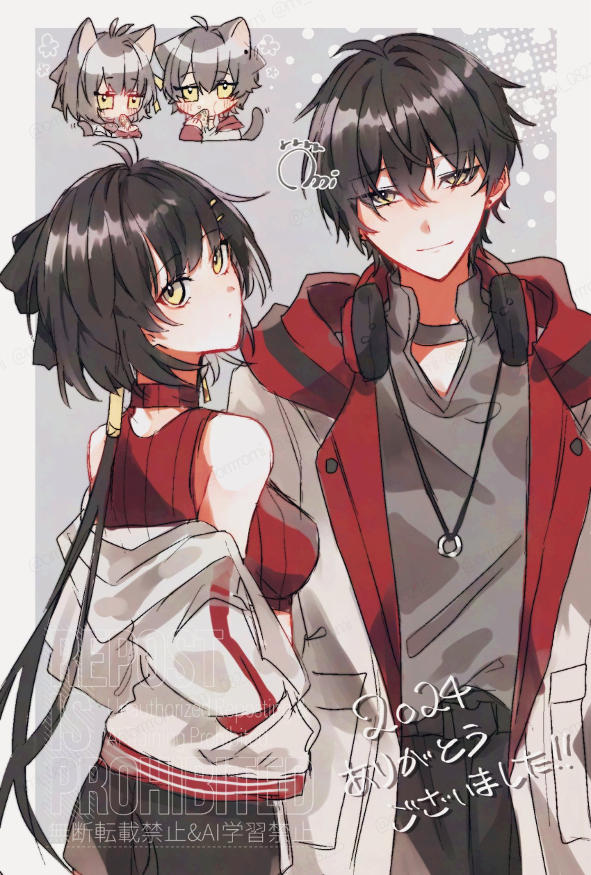 1boy, 1girl, animal_ears, bare_shoulders, black_bow, black_hair, bow, crop_top, dual_persona, earrings, eating, fake_animal_ears, female_rover_(wuthering_waves), food, hair_bow, hair_ribbon, headphones, headphones_around_neck, highres, hood, hood_down, hoodie, jewelry, long_hair, looking_at_viewer, low_ponytail, male_rover_(wuthering_waves), mi_08215, multiple_views, official_alternate_costume, ponytail, red_shirt, ribbon, rover_(wuthering_waves), shirt, white_hair, white_hoodie, wuthering_waves, yellow_eyes, yellow_ribbon