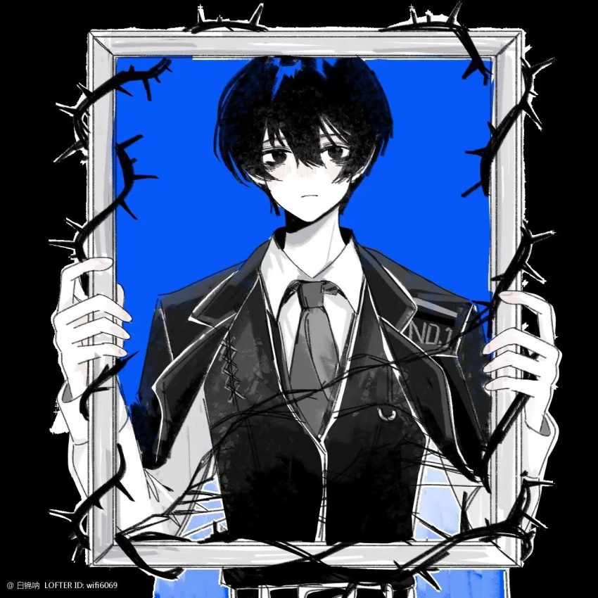1boy, bags_under_eyes, black_border, black_eyes, black_hair, black_necktie, black_vest, border