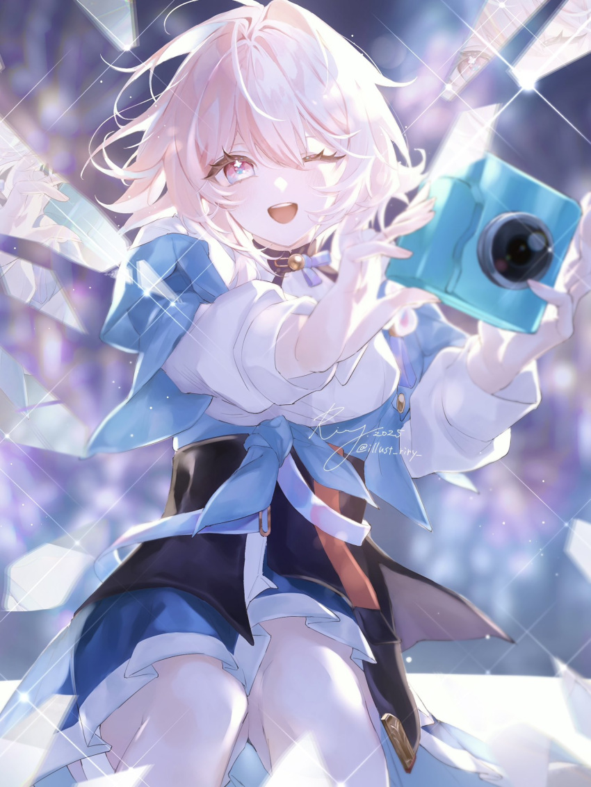 1girl, 2025, black_choker, black_corset, blue_skirt, bra_strap, breasts, camera, choker, corset, flower_ornament, hashtag-only_commentary, highres, holding, holding_camera, honkai:_star_rail, honkai_(series), illust_riry, jacket, long_sleeves, march_7th_(honkai:_star_rail), march_7th_(preservation)_(honkai:_star_rail), medium_breasts, medium_hair, miniskirt, off-shoulder_jacket, off_shoulder, one_eye_closed, open_mouth, pink_eyes, pink_hair, shirt, signature, sitting, skirt, smile, solo, teeth, tied_jacket, twitter_username, underbust, upper_teeth_only, white_shirt
