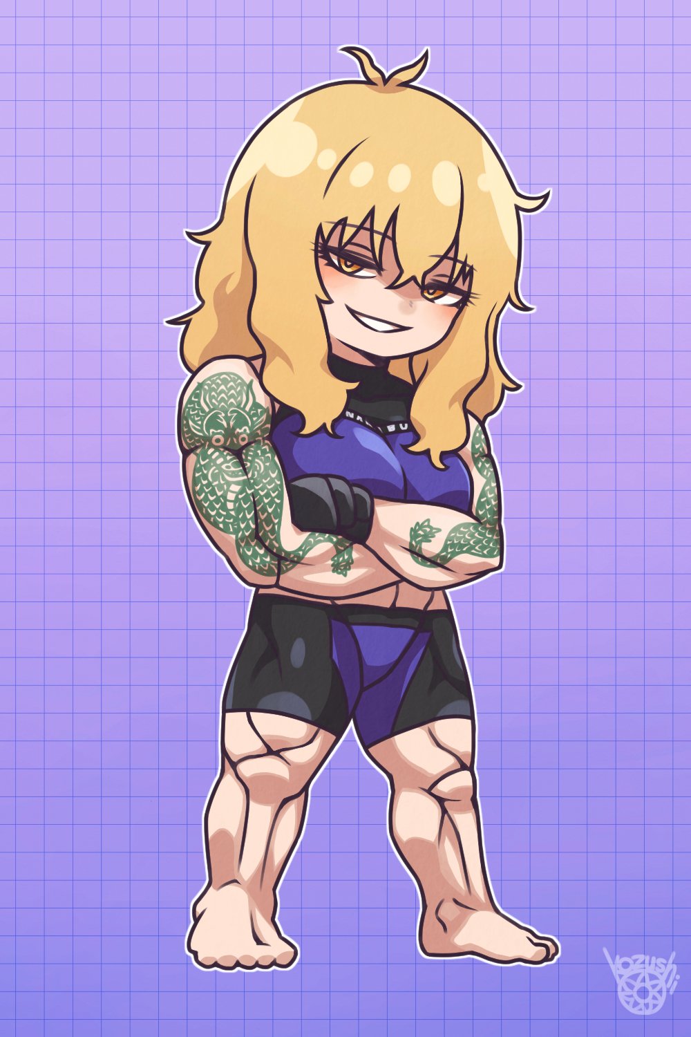 1girl, abs, antenna_hair, arm_tattoo, barefoot, blonde_hair, breasts, crossed_arms
