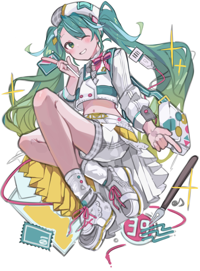1girl, 39, ;d, aqua_eyes, aqua_hair, blush, commentary, flag, gradient_hair, green_hair, grin, hatsune_miku, highres, holding, holding_flag, koutya_cat, long_hair, looking_at_viewer, magical_mirai_(vocaloid), magical_mirai_miku, magical_mirai_miku_(2024), midriff, multicolored_hair, navel, nib_pen_(object), one_eye_closed, pen, pleated_skirt, shoes, shorts, shorts_under_skirt, skirt, smile, sneakers, socks, solo, twintails, very_long_hair, vocaloid, white_socks