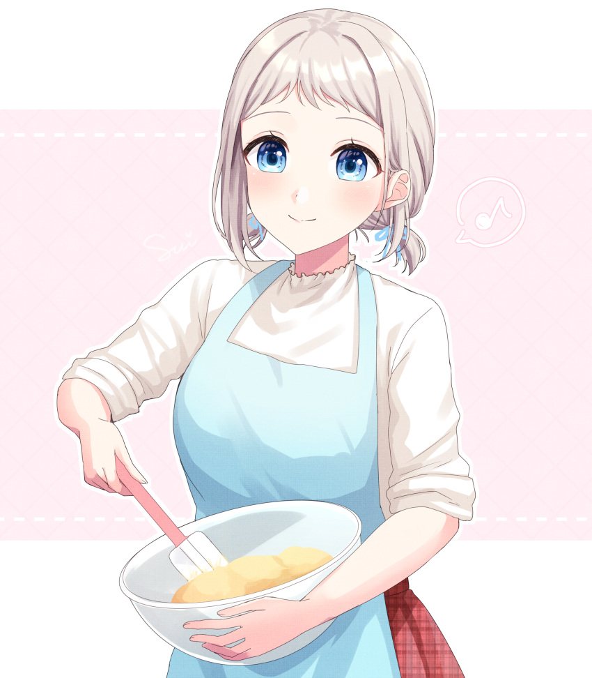 1girl, apron, blue_eyes, bowl, commentary_request, cooking, dough, gakuen_idolmaster, grey_hair, hair_ribbon, highres, holding, holding_bowl, holding_spatula, idolmaster, katsuragi_lilja, looking_at_viewer, low_twintails, mixing, musical_note, nmtk_413, plaid_clothes, plaid_skirt, ribbon, short_hair, skirt, sleeves_rolled_up, smile, solo, spatula, spoken_musical_note, twintails