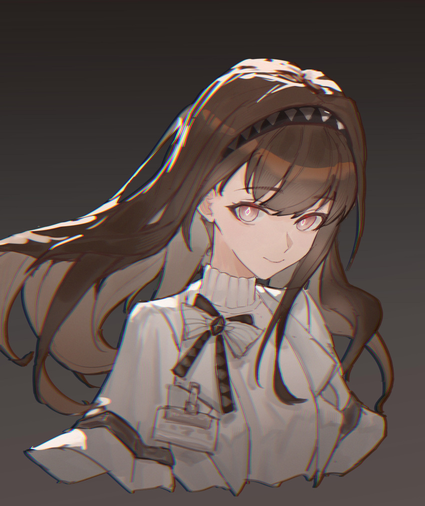 1girl, absurdres, arknights, black_background, black_hairband, brown_hair, chinese_commentary, chromatic_aberration, closed_mouth, commentary, cropped_torso, diamond-shaped_pupils, diamond_(shape), floating_hair, gn_tuituji, gradient_background, hairband, highres, long_hair, looking_at_viewer, pink_eyes, priestess_(arknights), smile, solo, sweater, symbol-shaped_pupils, turtleneck, turtleneck_sweater, white_sweater