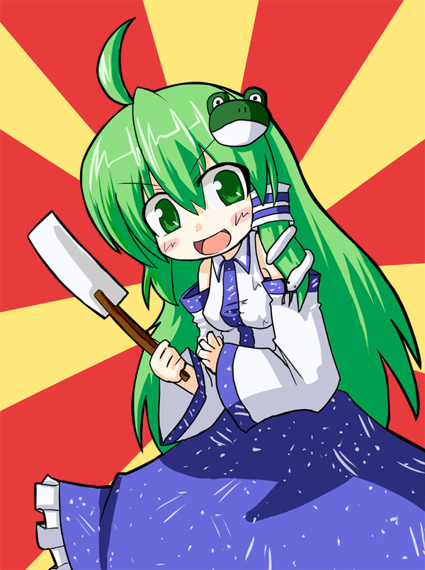 :d, ahoge, asuka_tsubasa, blush, bras_d'honneur, detached_sleeves, frog, green_eyes