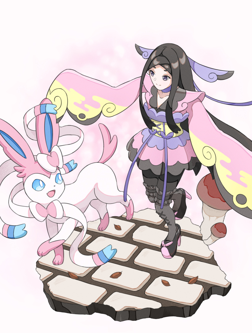 1girl, absurdres, black_hair, closed_mouth, collarbone, commentary_request, enzan_(midori_t0905), hair_ornament, high_heels, highres, japanese_clothes, kimono, leaf, long_hair, long_sleeves, pantyhose, parted_bangs, pink_kimono, pokemon, pokemon_(creature), pokemon_xy, sash, sidelocks, smile, split_mouth, standing, sylveon, valerie_(pokemon), yellow_sash