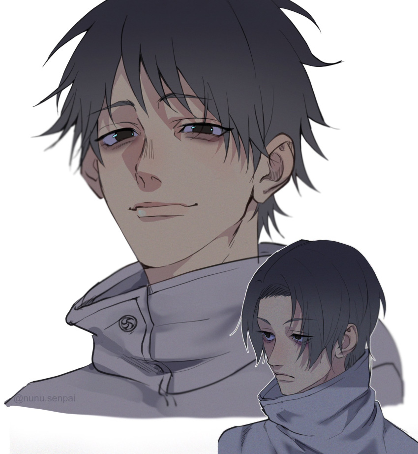 1boy, black_eyes, black_hair, closed_mouth, commentary, high_collar, highres, jacket