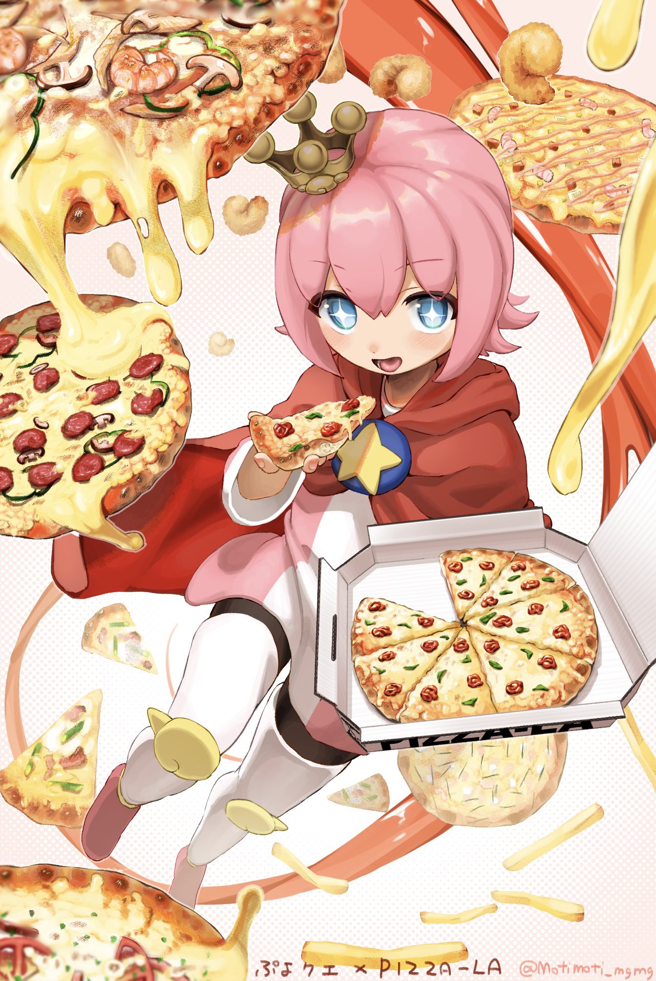 1boy, artist_name, basil_leaf, blue_eyes, boots, cape, cheese, commentary
