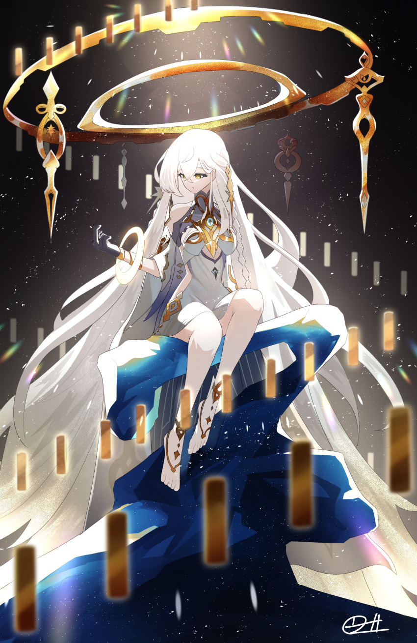 1girl, absurdres, artist_name, bare_shoulders, braid, colored_extremities, detached_sleeves, dress