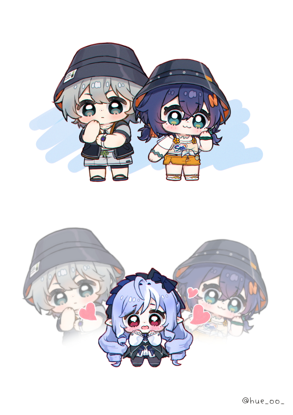 1boy, 2girls, :3, ahoge, belle_(summer_skies)_(zenless_zone_zero), belle_(zenless_zone_zero), black_hat, black_jacket
