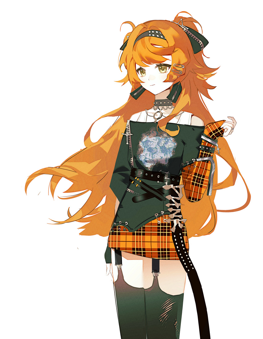 1girl, absurdres, alternate_costume, bare_shoulders, black_choker, black_hairband, black_shirt, black_thighhighs