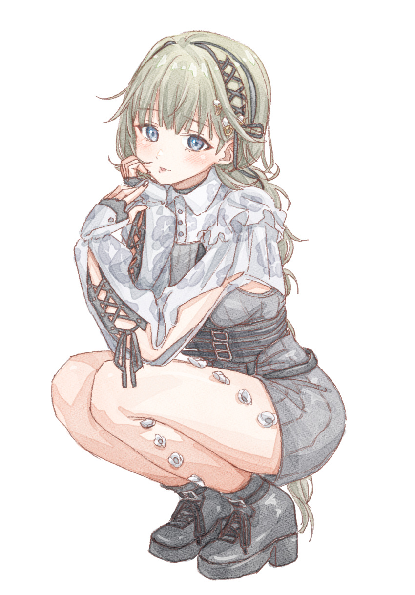 1girl, belt, blonde_hair, blue_eyes, blush, boots, commentary, full_body